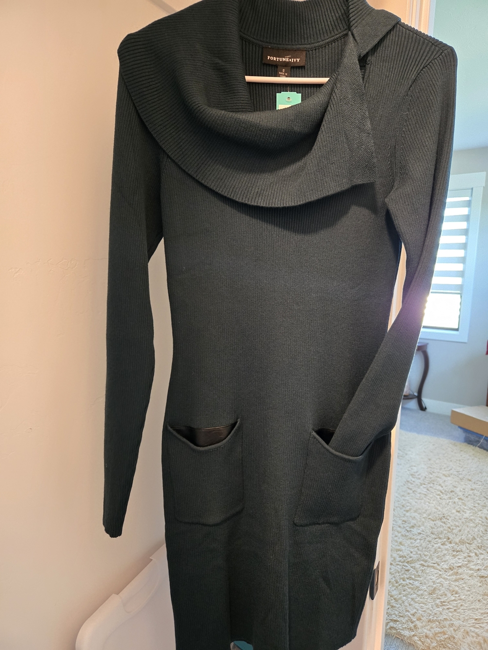 Dark Green Ribbed Long-Sleeve Sweater Dress with Cowl Neck